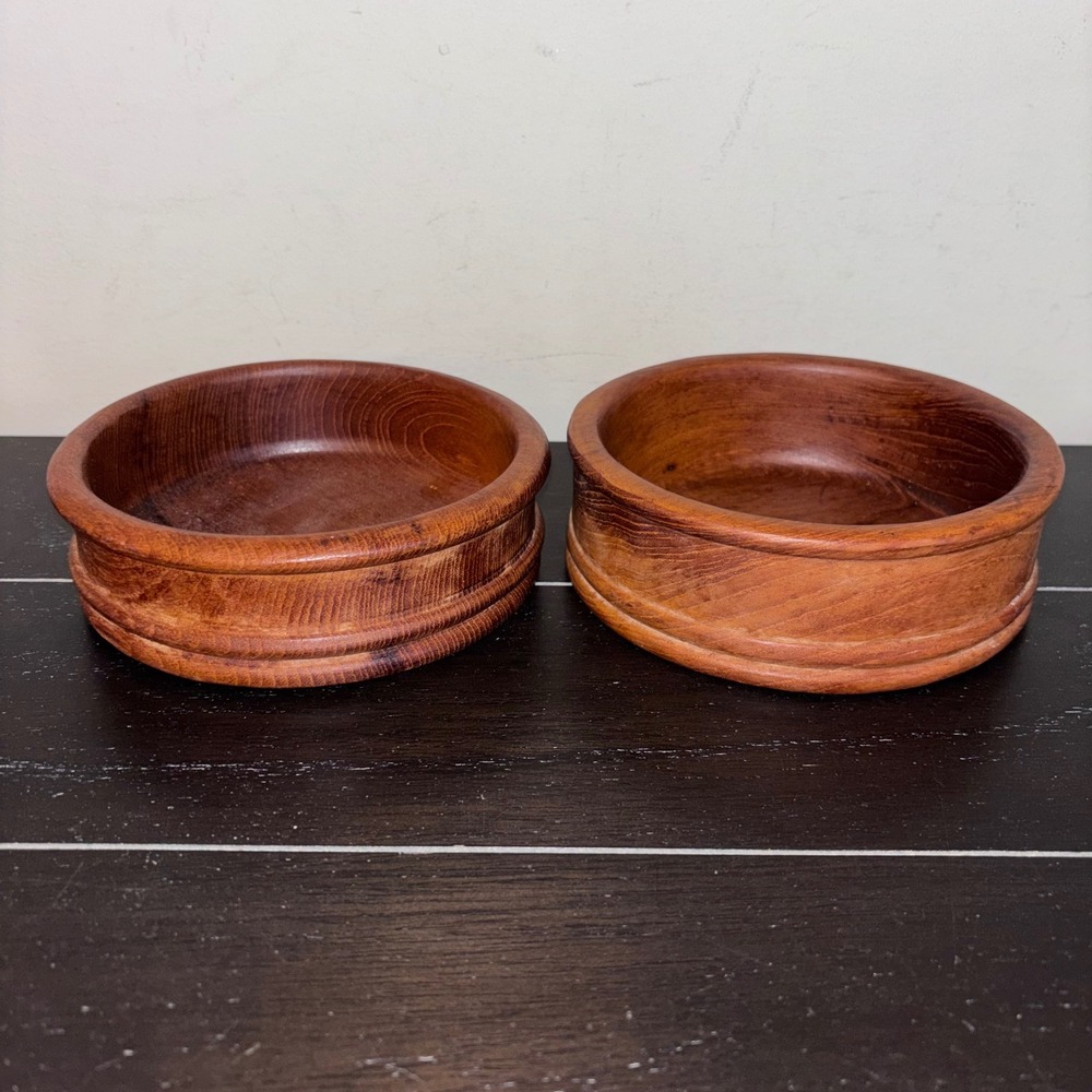 Vintage Hand Turned Solid Wood Ribbed Bowls | Set of 2 | Brown | MCM | 6 inch